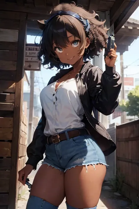 1 female, afro hair, black afro hair black girl afro hair, darker skin, brown skin, light blue eyes, cowgirl clothes, jacket, short short, boots, with the gun, bang bang, both hands, standing, sexy pose, butt, smile