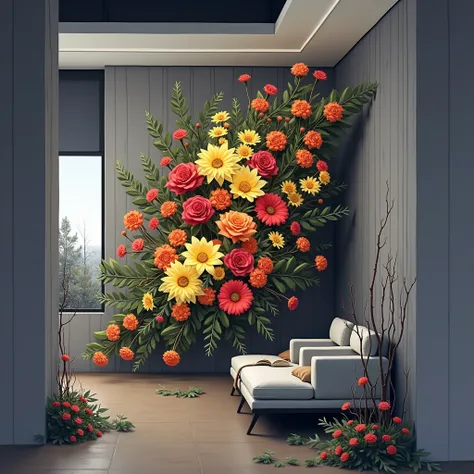 Flower arrangement illustration, The background is completely white, A spacious arrangement on all four sides, Generally, there are many yellow flowers, Red roses and orange carnations near the center, Add a touch of dark green leaves to bring out the colo...