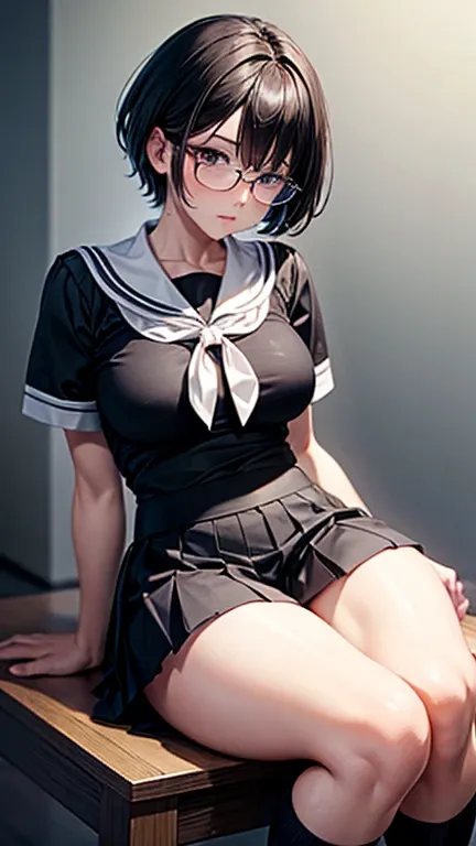 8k,Highest quality,break,1 female,Leaning against the backrest.break,Glasses,Black short hair,break,Short sleeve white sailor suit,Underboo,break,Very short pleated mini skirt,Low rise,break,(Black knee-high stockings),High Heel Short Boots,break,Large Bre...