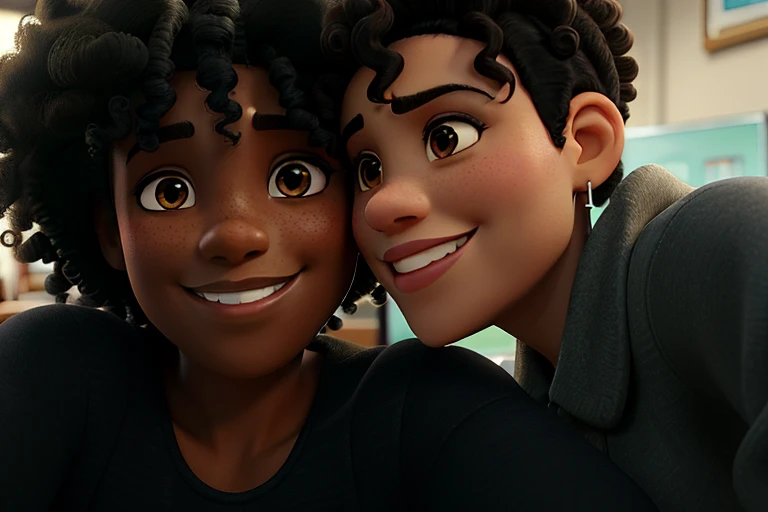 A smiling black woman with short curly hair and a white woman with curly hair shaved on the side smiling