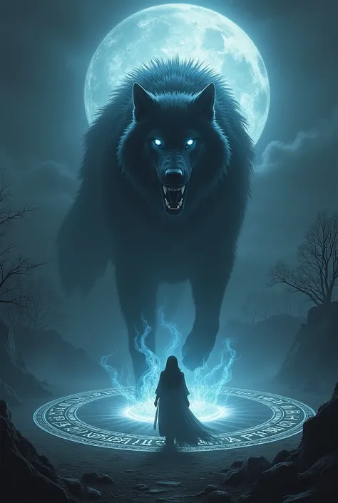 A giant shadow wolf emerging from a magical Summoning circle 