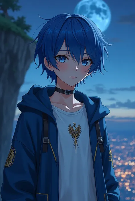 1 young god, hair blue, white shirt with phoenix logo, Blue jacket, Cool eyes, introverted and closed-faced, on the edge of a cliff at night, realist art 