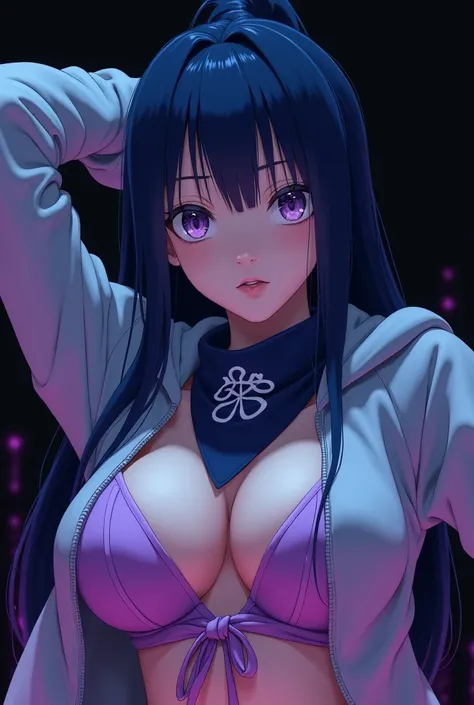 a close up of a young woman posing leaning against the wall, Hinata Hyuuga from naruto, Hinata Hyuuga, seductive portrait, with light purple eyes almost white, long straight blue-black hair with bangs falling almost to eye level, light gray and light purpl...