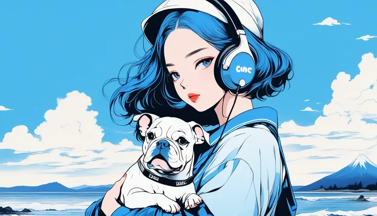 Illustrator, japanese cartoon movies , realistic ,sketch , Adult woman wearing headphones holding cute bulldog puppy, lip, pond、t-shirt,Order,Textured Trim, (masterpiece,best quality) [blue background, Neon hair,Textured Trim, Canadian, (masterpiece,best q...