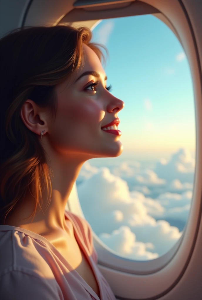 She looking at love from the airplane window smiling 