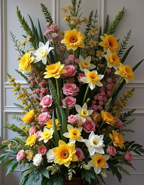 Flower arrangement illustration, The background is completely white, A spacious arrangement on all four sides, Generally, there are many yellow flowers, 