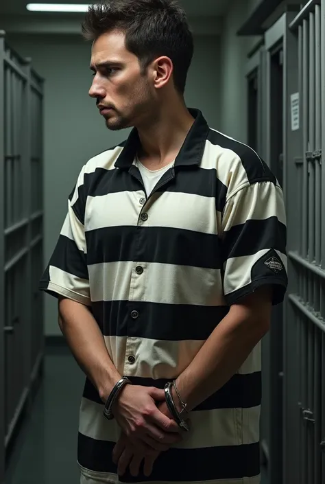 Please I want you to create an image of a person who is in jail with his black uniform with white stripes and with handcuffs and who is in profile, Since I want this image for an article

