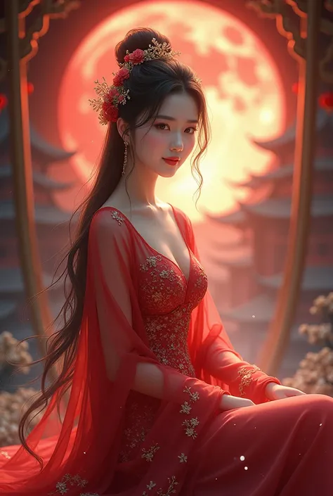 Nie Xiaoqian,Huang Xu Xian, background_picture,Wearing ancient Chinese attire (translucent, A shimmering red robe:1.4), Hair Bun,Solitary,1 female,Long hair,angel,Practical,Chinese clothes,Hanfu,Hair Bun,Lips,parted smiling Lips,Look at the audience.,Upper...