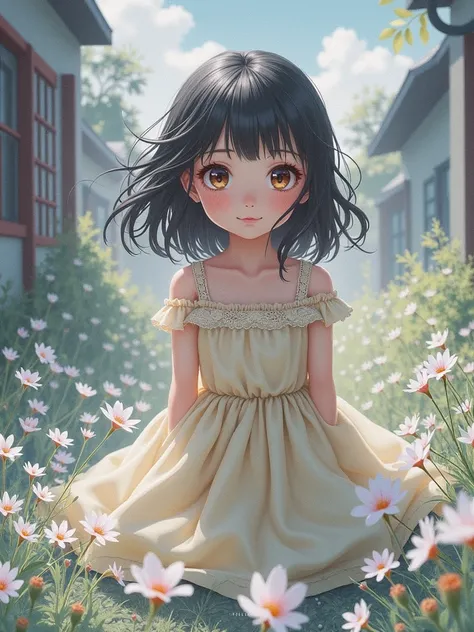 girl　semi-long　Black Hair　Eyes wide open　Baby Face　anime