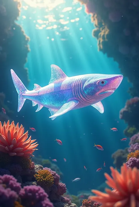 A fantasy creature, translucent crystalline extremely prismatic shark swims in an extremely vivid and colorful tropical reef with many small pretty fish. Sunlight passes through the crystal shark producing a rainbow like color gradient in its shadow
