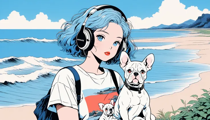 illustrator, japanese cartoon movies , realistic ,sketch , adult woman wearing headphones holding cute bulldog puppy, lip, pond、...