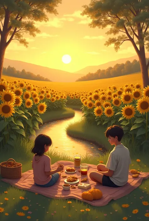 Create an image of a field of sunflowers and a couple of a girl and a boy sitting on the ground having a picnic and watching the sunset and in front of them a small stream that is realistic