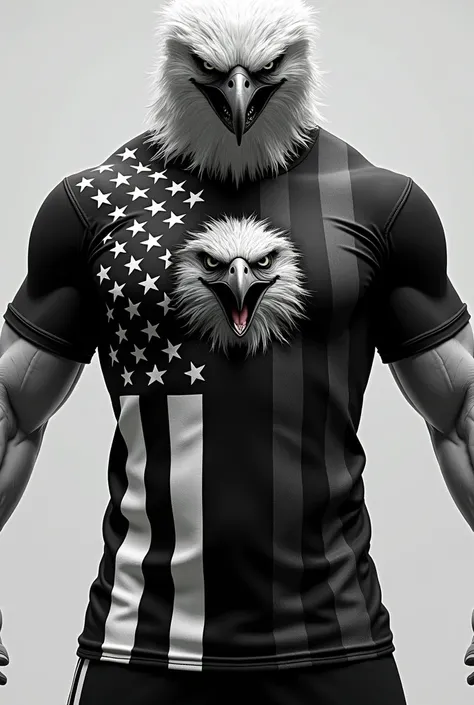 Can you make me a black and white sports short with a very annoying eagle and the United States flag on the other side? , but the flag should be dark in color