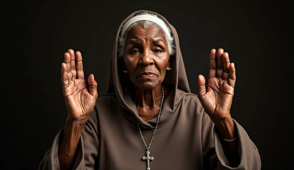 Create an ultra-realistic image of an elderly black woman, WITH serene and wise expression. She is blessing, with hands raised up, with 5 fingers on each hand, SHOWING HER BODY, WITH ELDERLY WOMAN&#39;S CLOTHES AND A ROSARY IN HER HANDS. Ao fundo, there is...