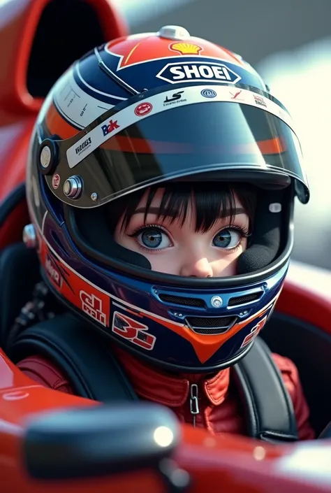 1girl is wearing F1 helmet, (((SHOEI helmet))), ((tears)), (circuit), sitting F1 cockpit, 1girl, cute girl, beautiful detailed  black hair, (((racing helmet))), (((fullface helmet:2.0))), ((covered mouth)), (((too small face area))), bikesuit, (simple desi...