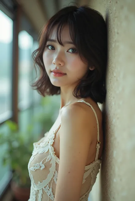 kyou、Cute Japanese Idol、Doesn&#39;t look like Korean、There are no Korean characteristics、photograph、Actual item、Casual clothing、Cinematic Light,Lomography 、Film Camera、lace tops、Arching the back、standing against the wall、Low Angle、SMILE、