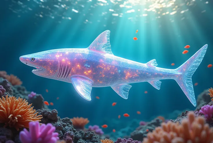 A fantasy creature, translucent crystalline extremely prismatic shark swims in an extremely vivid and colorful tropical reef with many small pretty fish. Sunlight passes through the crystal shark producing a rainbow like color gradient in its shadow
