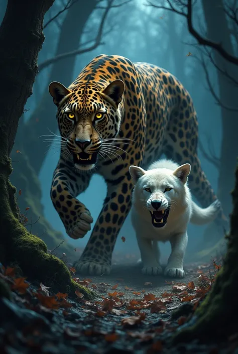 Create a picture in the dark of night in the middle of the forest, a scary leopard is hunting a white wolf and when it has hunted, it picks up the wolf and runs away. Neck.se.utha ke le ja raha he