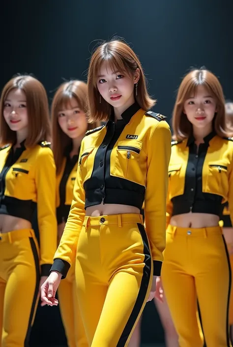 Close up Face, looking at viewer, Korea  girls, 9 girls group, name is Girlss  Generation, Title name MR TAXY, JAPAN 1st ALUBUM, on stage, spotlighting ,(Light brown hair, middle hair , fringe, little smile), (middle breasts, middle hip ,yellow cap),Yellow...