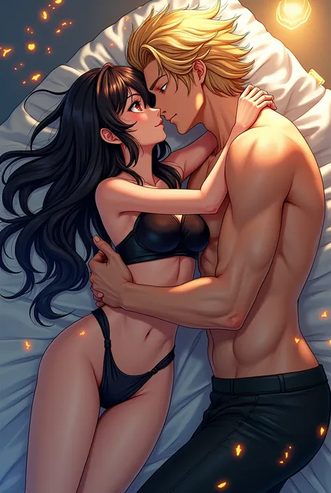 Athletic anime boy shirtless long golden hair and red eyes kissing anime girl with long black hair golden eyes wearing black baby doll lying on bed blueish gold and black flames