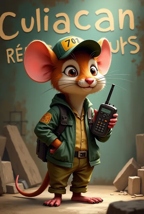 The Pérez mouse with a cap that says 701 and a walkie-talkie and a phrase that says “Culiacán Reports”