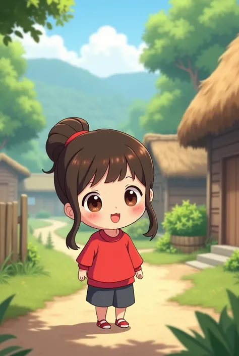 There was little cute beautiful girl in village she loves to explore the worlds near her home
Chinese/Korean type girl in red ponny and red shirt /red blush on hea cheaks doll big eyes cartoon girl animated 