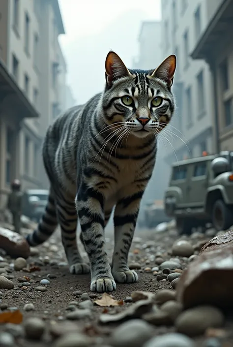 A large gray tabby cat in a ruined military base, surrounded by broken military equipment and battle debris. The cat has distinctive gray stripes and a determined expression