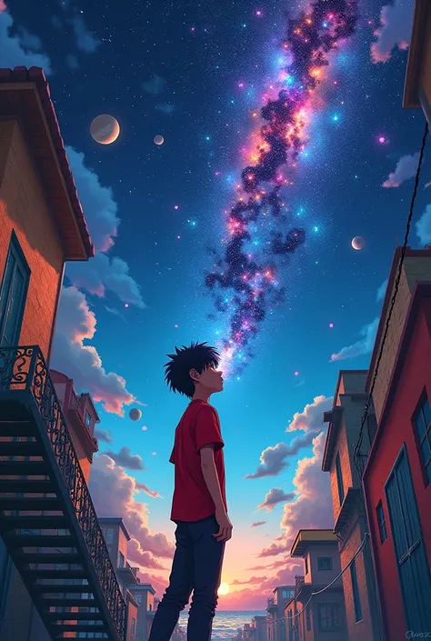 Anime Indian with black hair and bangs in a red shirt and black pants on a staircase in a favela in Brazil vomiting cosmos from the universe in a starry sky with Saturn 