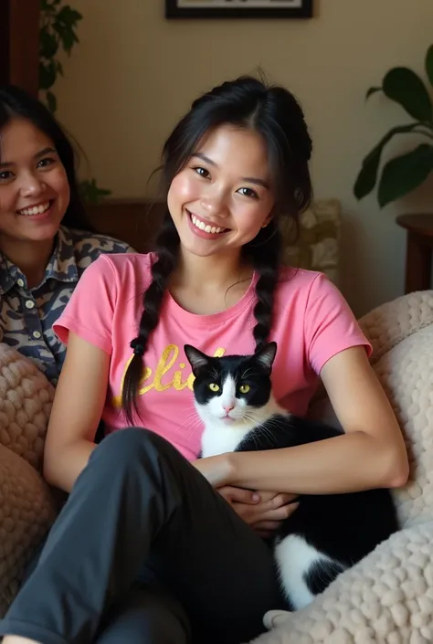 Create a full body beautiful Thai women smiling wearing a pink t-shirt with gold written says " leila " and black cargo pants , black hair braids Sitting on the sofa with hugs her friends cute blackwhite cat , looking at the camera. Real photo.