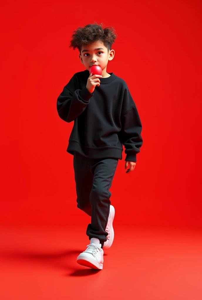 create a boy with a black t-shirt and black sweatshirt,y white sneakers,with a red background but that is lively that your diver is looser and black,and the child looks to his right as if walking,and chewing gum

