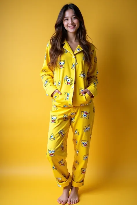 (real picture) a 20 years old teenage girl wearing yellow pajamas SpongeBob characters print standing full body 