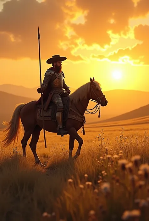 Don Quixote riding a horse in a field in a distant plane at sunset 