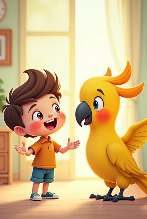  a male kid teaching a yellow cockatoo with orange cheeks a song to whistle,  they are happy, (make the sounds of the bird singing) 
(make it as a cartoon)
