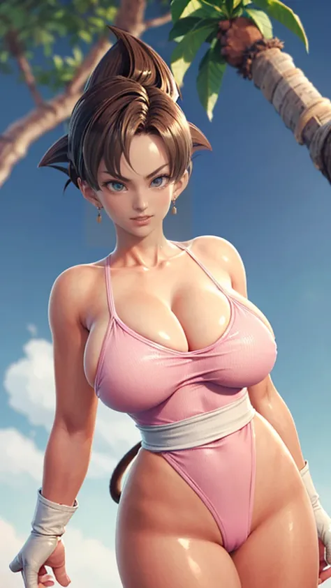 (fasha), 1girl, solo, blue eyes, brown hair, short hair, spiked hair, Big Breasts, earrings, beautiful smile, ((monkey tail)),, (((saiyan armor))), (pink leotard), white gloves, bare shoulders, outdoor