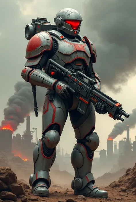 in a retro scifi style illustrate an image of an Iron Coalition soldier, reflecting their colors of Grey and Red. The soldier is clad in heavy, battle-worn grey armor, with red accents running along the edges of the plates. The armor is reinforced with met...