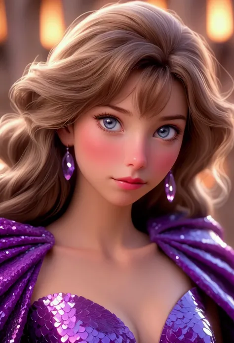 A cute Disney fantasy princess, 1girl, beautiful detailed eyes, beautiful detailed lips, extremely detailed face, long eyelashes, lovely fancy hairdo, intricate sexy dress, violet crystal sequin cloak that sparkles in the light and creates a colorful gradi...