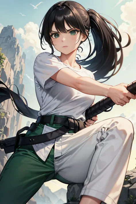 human, adult woman, black hair, pony tail, gi, white gi, serious, black hair, fair skin, battle stance, gi pants, short sleeves, adult, muscle, white shirt, green pants, muscular, no weapon, outside, rocky area, beautiful, green eyes 