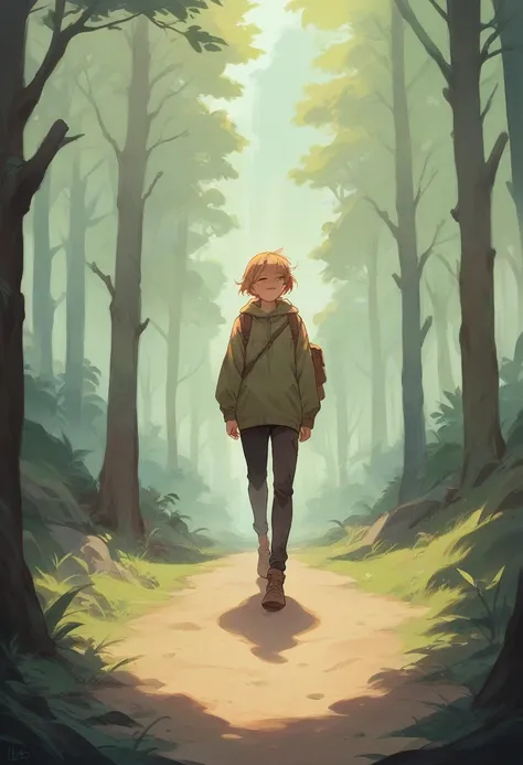 A girl walking in the forest alone
