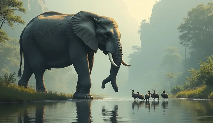 Spotting the Pond and Landing Near an Elephant**  
   The birds descend towards the pond and notice a large elephant drinking water. They land beside him and approach, looking up at the giant elephant.
