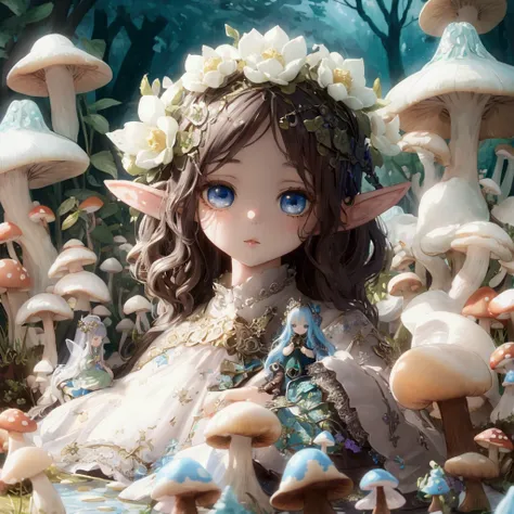 There is a doll sitting in a mushroom field, Lovely and detailed digital art, Dreamy and detailed, Fairy Tale Core, WLOP Loish and Clamp style, Complicated, Elf Princess, Beautiful and detailed fantasy, resin and clay art, Loish et WLOP, Lovely detailed ar...