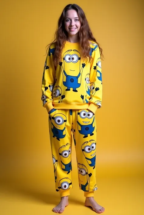 (real picture) a 20 years old teenage girl wearing yellow  t-shirt pajamas long pant minion characters print standing full body 