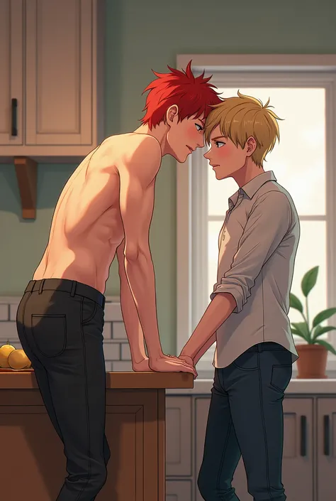 Anime relastic redhead guy slender and lean being bent over the kitchen counter with pants around ankles and a dirtblond blond guy with blue eyes pushing his dick into the red heads ass