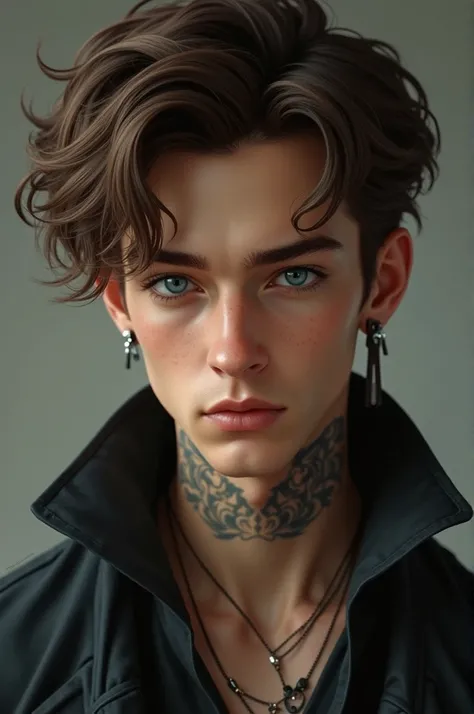 Charming, tall, young man, has a razor blade earring in his ear, uses Marcão and has brown hair, blue colored eyes, he has a tattoo on his neck. 