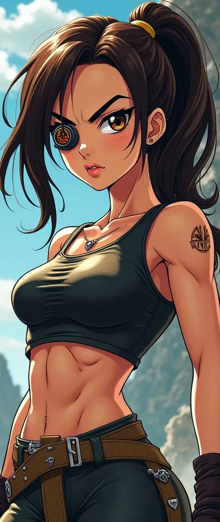 A brunette girl , Akira toriyama art style, dragonball z , power Scale scouter , full body shot , muscular body and arms, thick eyebrows, thick eyeliner, raising right eyebrow, eyelashes, beautiful detailed lips, extremely detailed facial features, beautif...