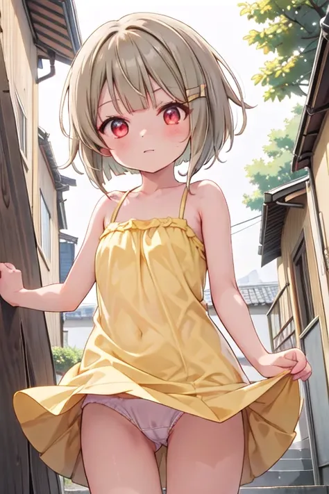 Tanned hair，Bobcut，short hair，ワンレングスBobcut，Asymmetrical Hairstyles，Long left hair，Red Eye，nakasu kasumi，Yellow camisole dress，Strong winds，Panty shot