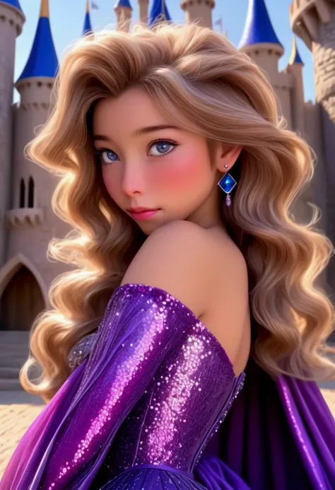 A cute yuna Disney fantasy princess, 1girl, beautiful detailed eyes, beautiful detailed lips, extremely detailed face, long eyelashes, lovely fancy hairdo, intricate sexy dress, violet crystal sequin cloak that sparkles in the light and creates a colorful ...