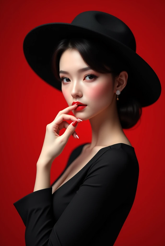 photo RAW,  Photorealism Beautiful, elegant woman in a black hat, hand on her lips, against a red background. 3D rendering.