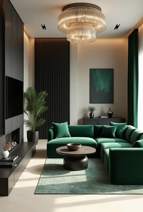 Professional 3d architecture rendering design of modern and minimal living room with dark green velvet modern sofa  set and  modern crystal ceiling lighting and black wooden consulate and light cream laminate and modern green space and black wooden firepla...