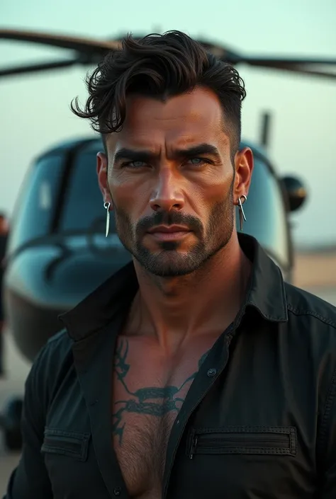 Arab man, masculine and charming and big, has a razor blade earring in his ear, uses Marcão and has brown hair, blue colored eyes, he has a tattoo on his neck.  Clandestine helicopter runway scenario 