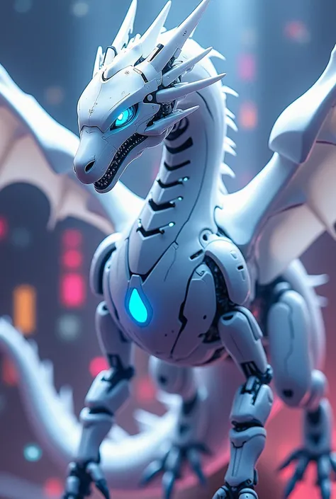 a white robotic dragon with blue eyes, anime style
